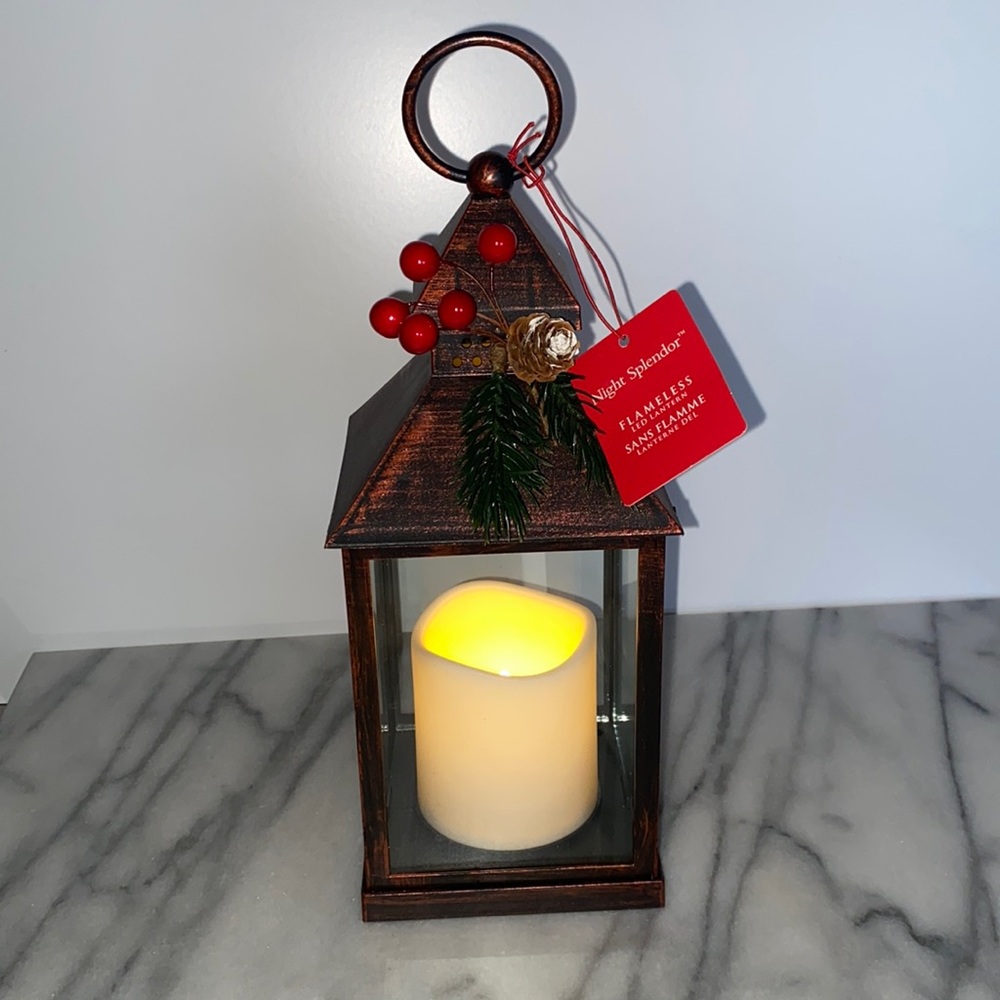 NWT- Flameless Outdoor LED Lantern with Pinecone & Berries, Antique Bronze/Brown